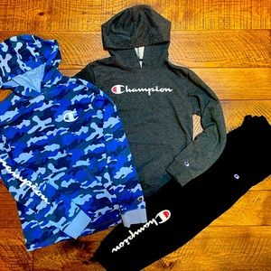 Champion boys sweatshirt, sweatpants, and long sleeve hooded tee
